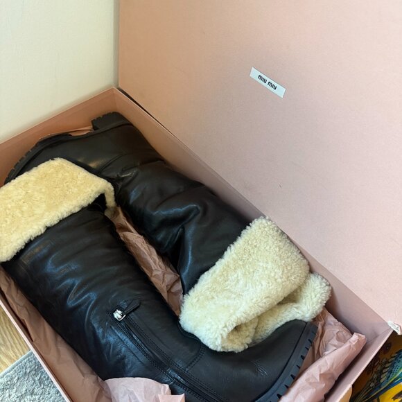 NWT Miu Miu Tall Boots Shearling Black Leather Round Toe Low Block Heels Sz 38 - Picture 4 of 11